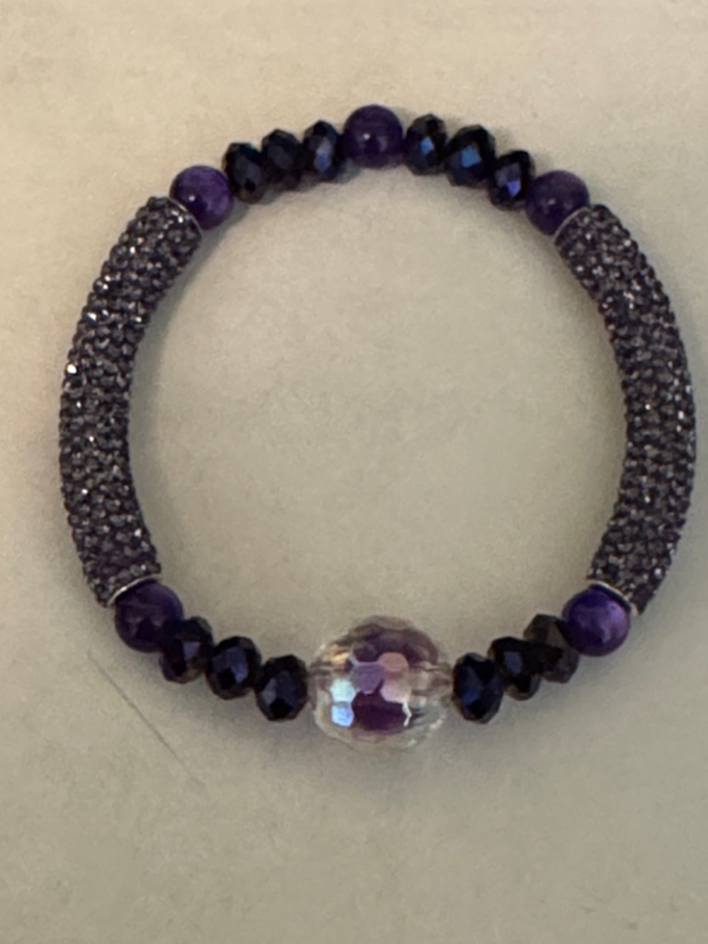 Faceted Purple Crystal Stretch Bracelet with rhinestone noodle beads unique